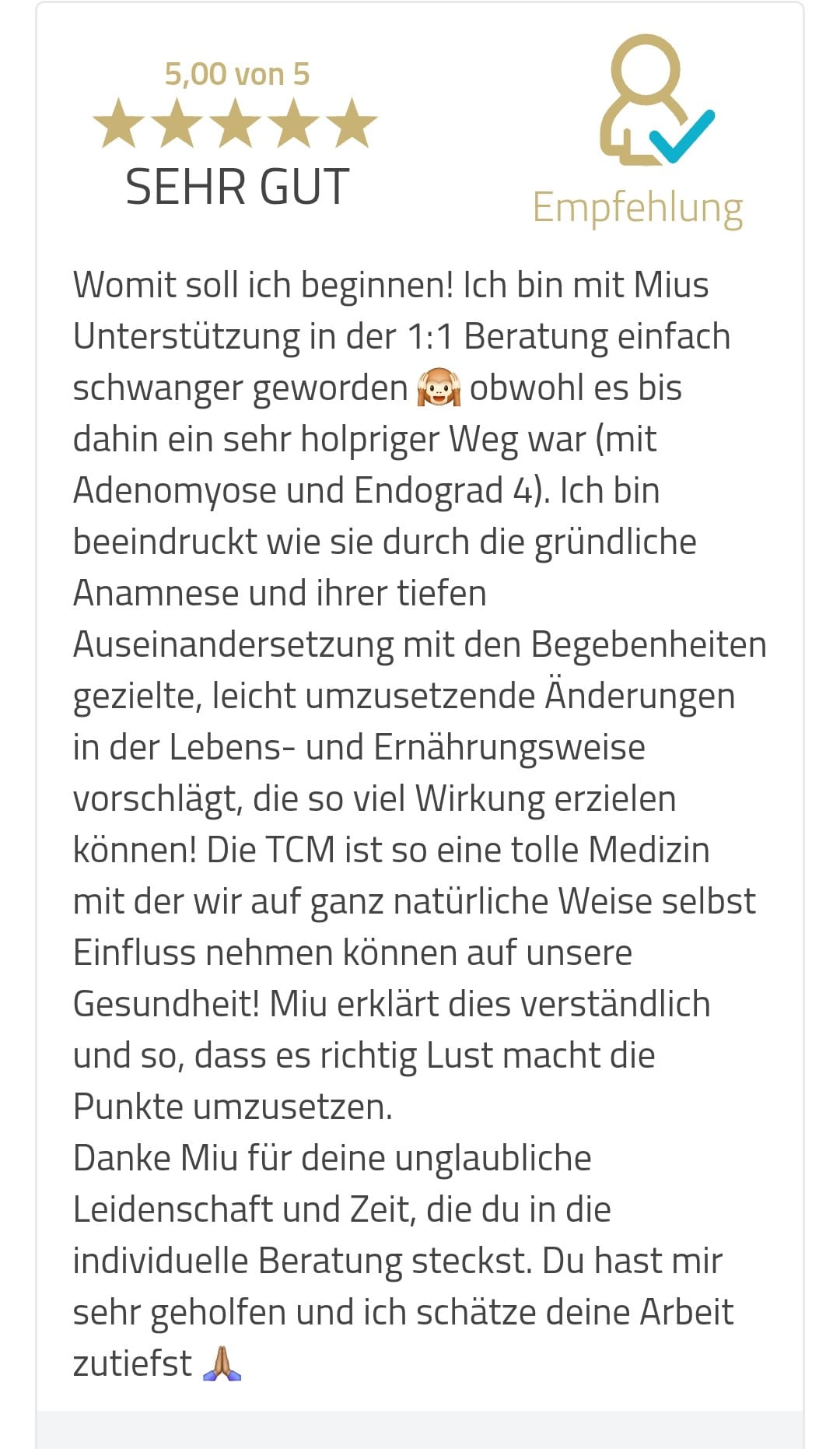Echte WhatsApp-Nachricht einer Kundin nach der TCM-Analyse